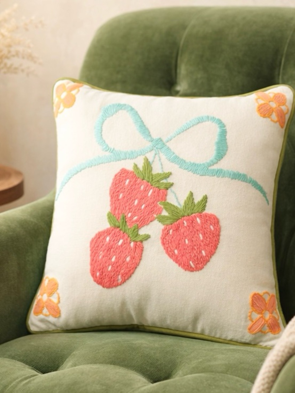 NWT!  Urban Outfitters Adorable Embroidered Strawberry Accent Pillow 12x12